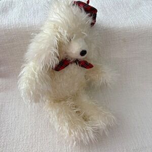 Pierre White Poodle Plush Stuffed Animal Red Plaid Beret Bowtie Shaggy Dog